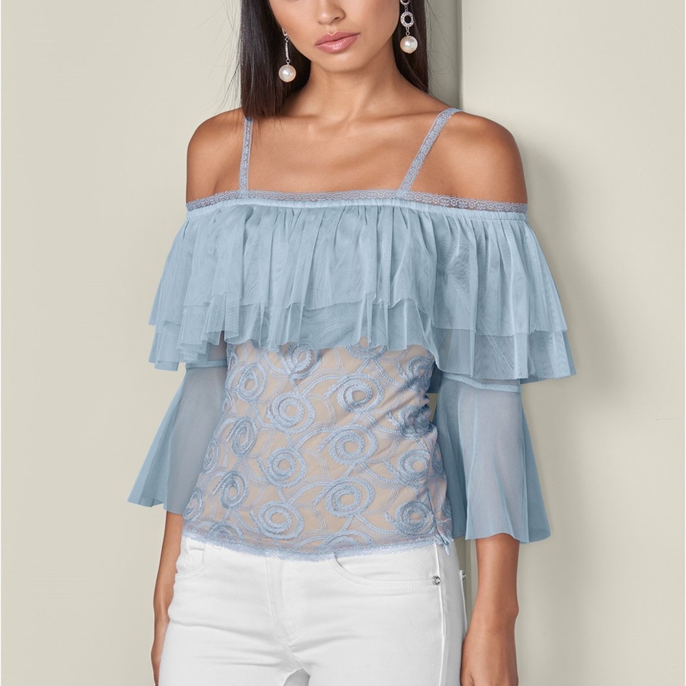 Embroidered Tulle Top, Blue Blouse. Size Small